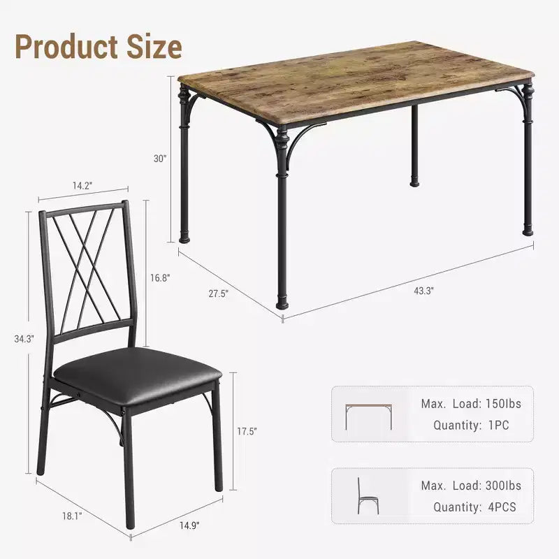 Juego de mesa de comedor para 4 personas con 4 sillas de metal y mesa de comedor rectangular moderna de madera para interiores, 5 piezas