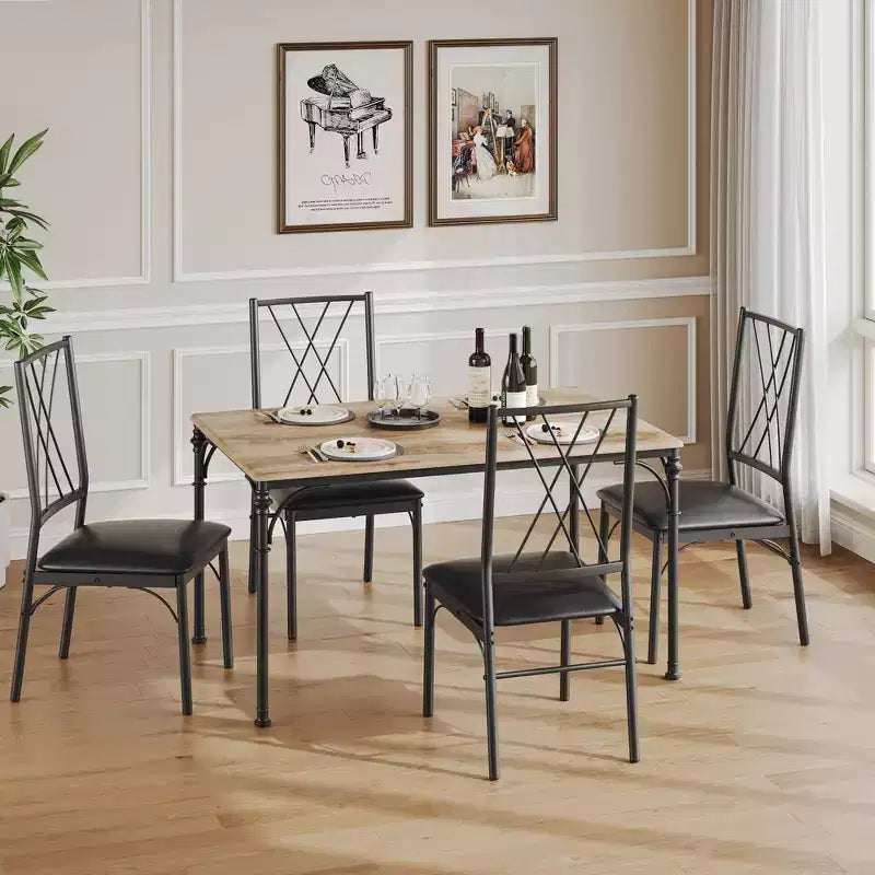Juego de mesa de comedor para 4 personas con 4 sillas de metal y mesa de comedor rectangular moderna de madera para interiores, 5 piezas