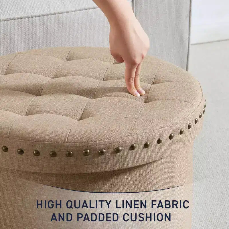 Ornavo Home Decor Otomana de almacenamiento plegable redonda grande de 20 pulgadas con ribete de cabeza de clavo para sala de estar y dormitorio