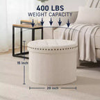 Ornavo Home Decor Otomana de almacenamiento plegable redonda grande de 20 pulgadas con ribete de cabeza de clavo para sala de estar y dormitorio