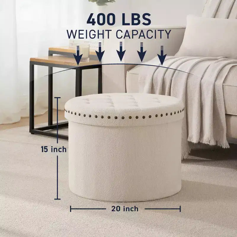Ornavo Home Decor Otomana de almacenamiento plegable redonda grande de 20 pulgadas con ribete de cabeza de clavo para sala de estar y dormitorio