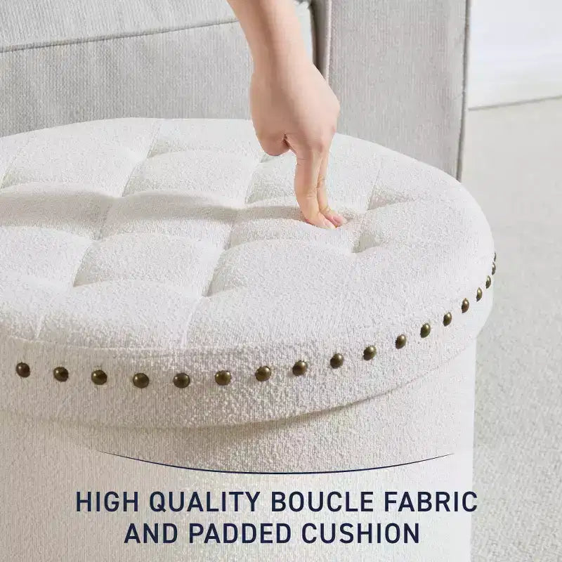 Ornavo Home Decor Otomana de almacenamiento plegable redonda grande de 20 pulgadas con ribete de cabeza de clavo para sala de estar y dormitorio