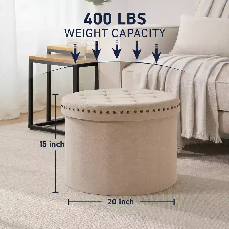 Ornavo Home Decor Otomana de almacenamiento plegable redonda grande de 20 pulgadas con ribete de cabeza de clavo para sala de estar y dormitorio