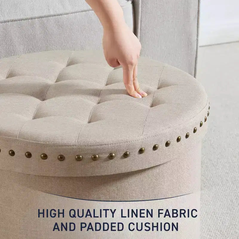 Ornavo Home Decor Otomana de almacenamiento plegable redonda grande de 20 pulgadas con ribete de cabeza de clavo para sala de estar y dormitorio