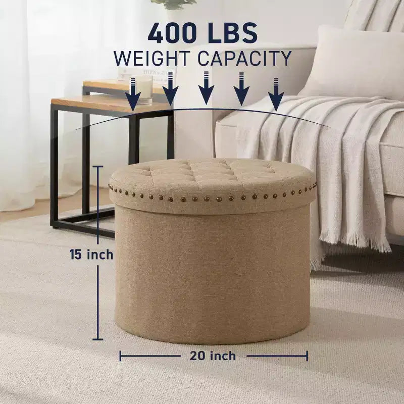 Ornavo Home Decor Otomana de almacenamiento plegable redonda grande de 20 pulgadas con ribete de cabeza de clavo para sala de estar y dormitorio