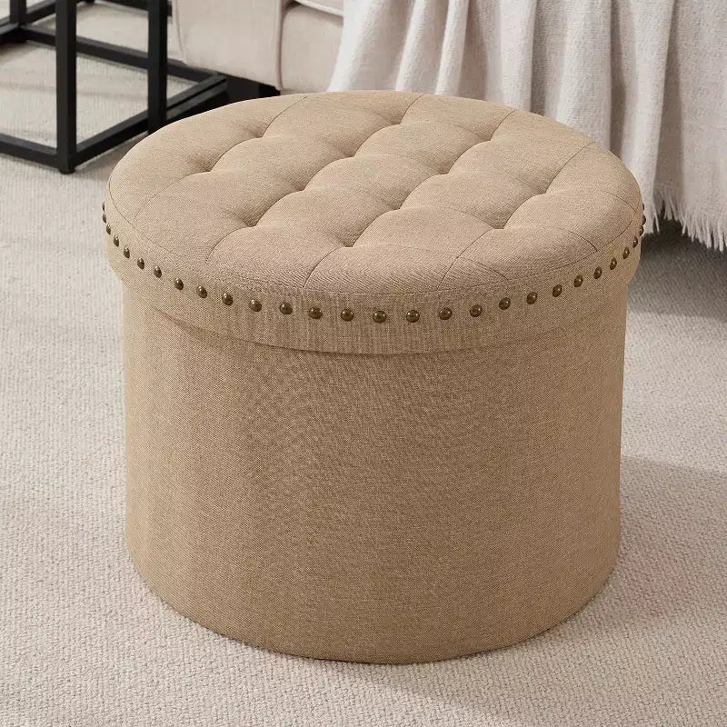 Ornavo Home Decor Otomana de almacenamiento plegable redonda grande de 20 pulgadas con ribete de cabeza de clavo para sala de estar y dormitorio