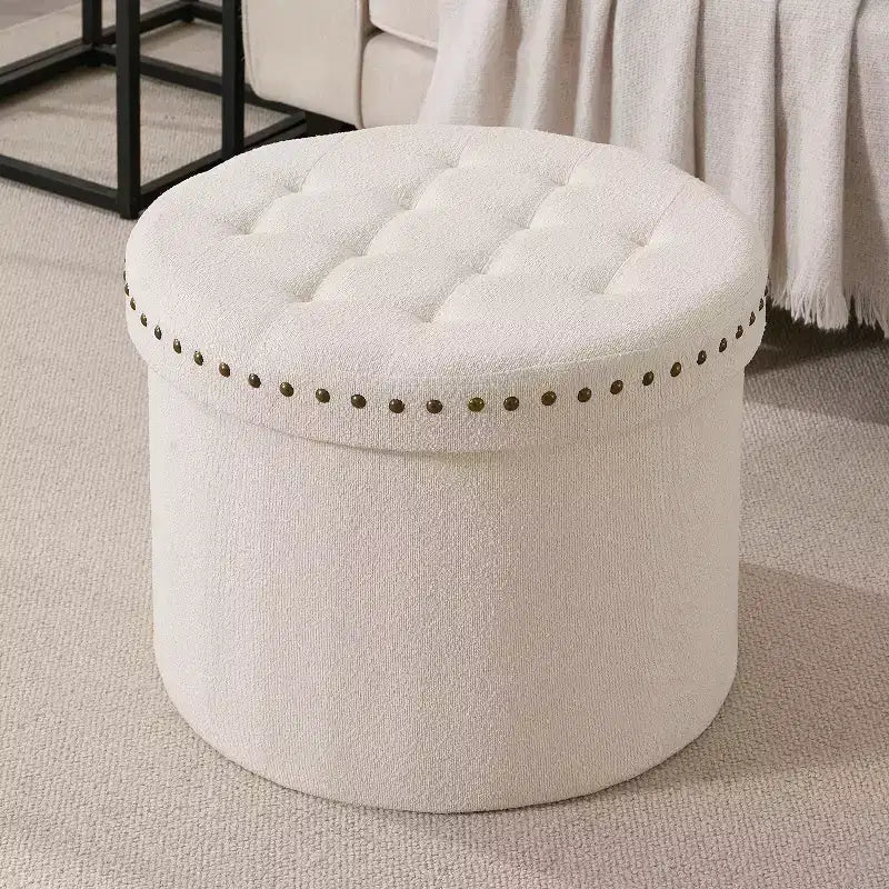 Ornavo Home Decor Otomana de almacenamiento plegable redonda grande de 20 pulgadas con ribete de cabeza de clavo para sala de estar y dormitorio