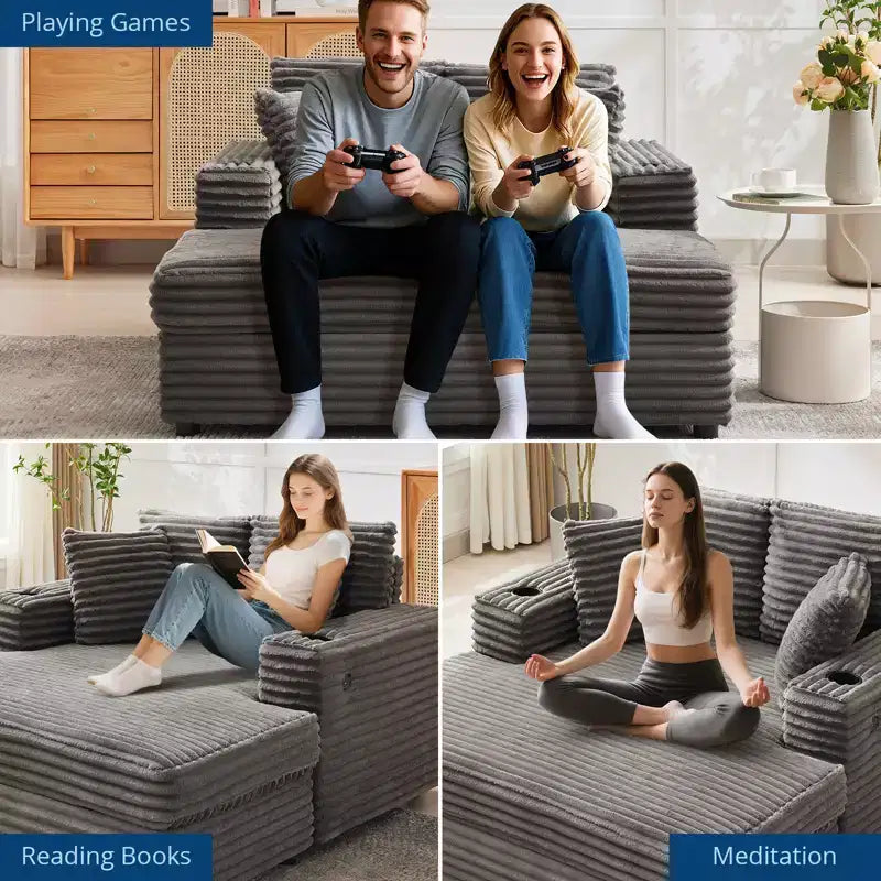 Sofá diván de pana de 54 pulgadas de gran tamaño, sofá cama tapizado, con estación de carga, portavasos y almohadas, sofá de pana para sala de estar, dormitorio