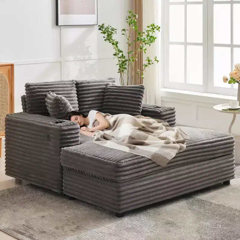 Sofá diván de pana de 54 pulgadas de gran tamaño, sofá cama tapizado, con estación de carga, portavasos y almohadas, sofá de pana para sala de estar, dormitorio