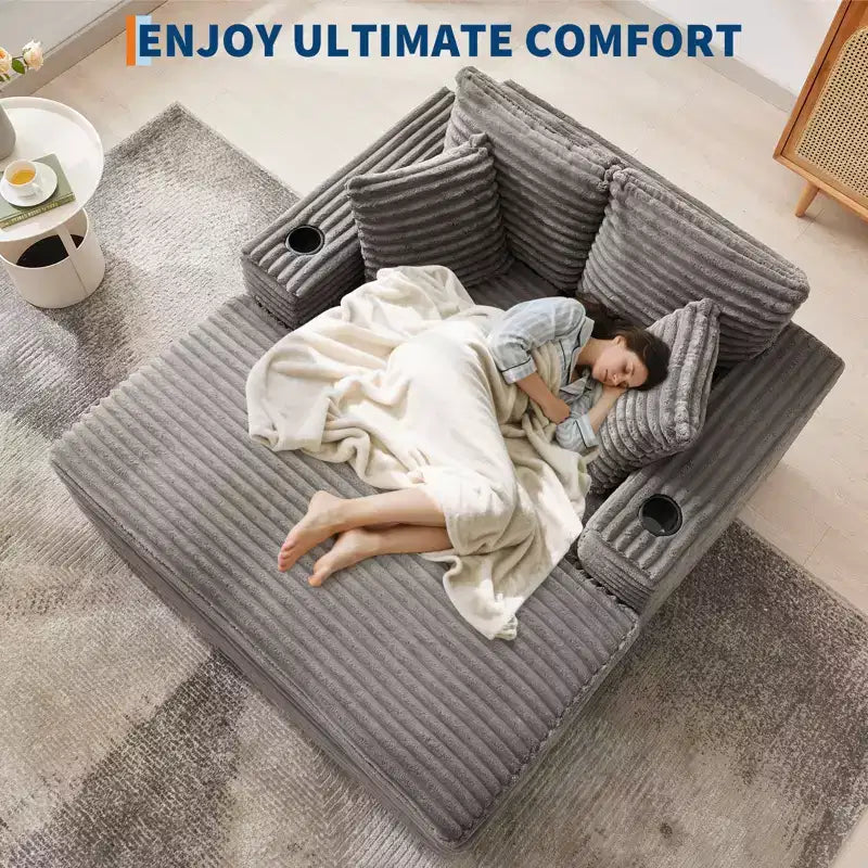 Sofá diván de pana de 54 pulgadas de gran tamaño, sofá cama tapizado, con estación de carga, portavasos y almohadas, sofá de pana para sala de estar, dormitorio
