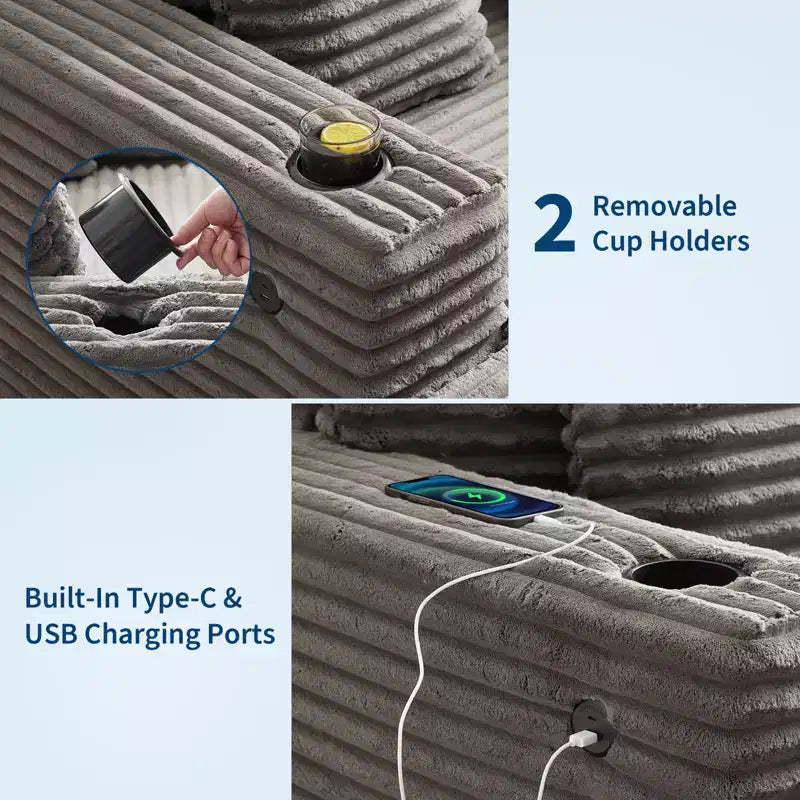 Sofá diván de pana de 54 pulgadas de gran tamaño, sofá cama tapizado, con estación de carga, portavasos y almohadas, sofá de pana para sala de estar, dormitorio