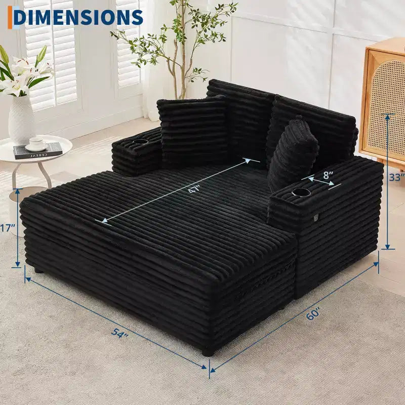 Sofá diván de pana de 54 pulgadas de gran tamaño, sofá cama tapizado, con estación de carga, portavasos y almohadas, sofá de pana para sala de estar, dormitorio