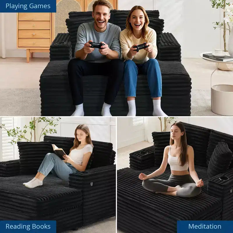 Sofá diván de pana de 54 pulgadas de gran tamaño, sofá cama tapizado, con estación de carga, portavasos y almohadas, sofá de pana para sala de estar, dormitorio