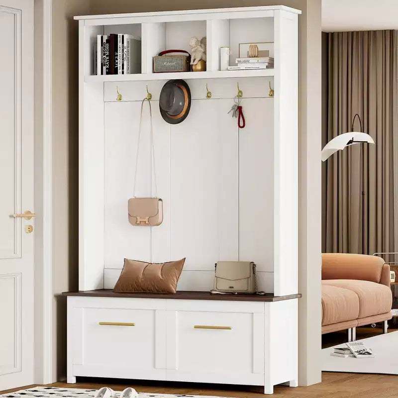 CLIHOME Versátil árbol de pasillo 4 en 1 con 6 ganchos dorados, banco con vetas de madera con múltiples espacios de almacenamiento, perchero de entrada con 2 cajones