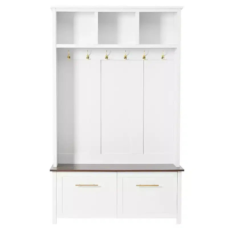 CLIHOME Versátil árbol de pasillo 4 en 1 con 6 ganchos dorados, banco con vetas de madera con múltiples espacios de almacenamiento, perchero de entrada con 2 cajones