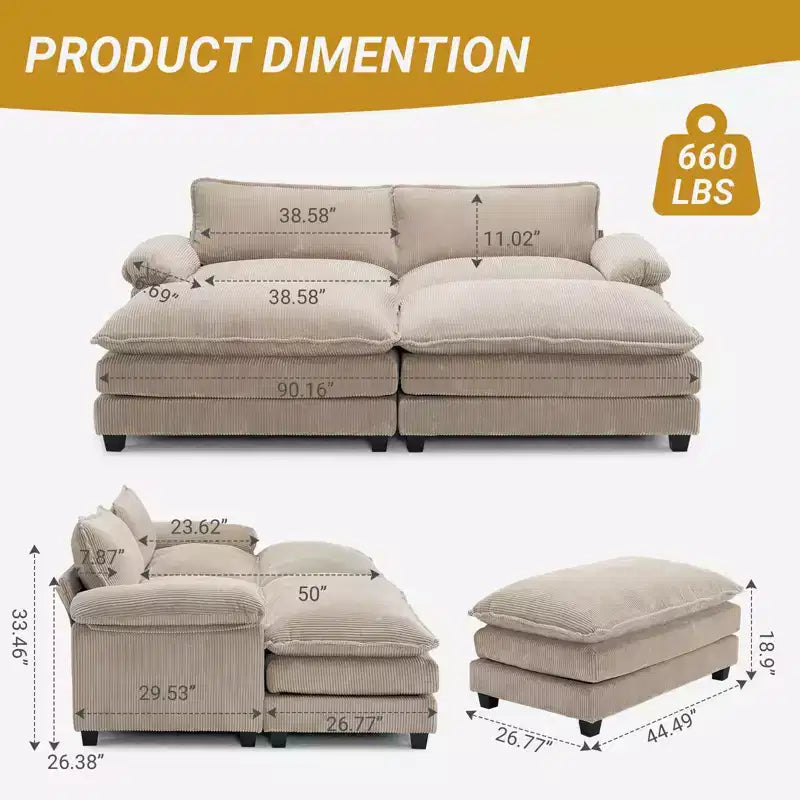 Karl Home | Sofá modular seccional de pana blanquecina de 90 pulgadas de ancho