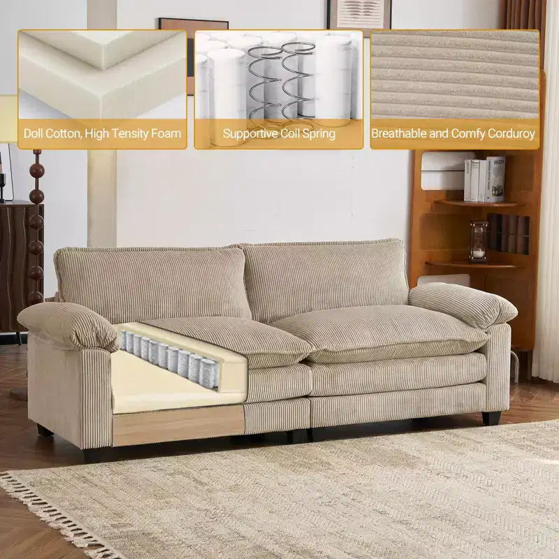 Karl Home | Sofá modular seccional de pana blanquecina de 90 pulgadas de ancho