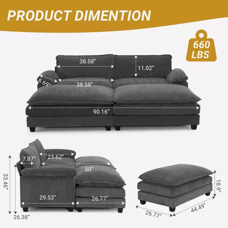 Karl Home | Sofá modular seccional de pana blanquecina de 90 pulgadas de ancho