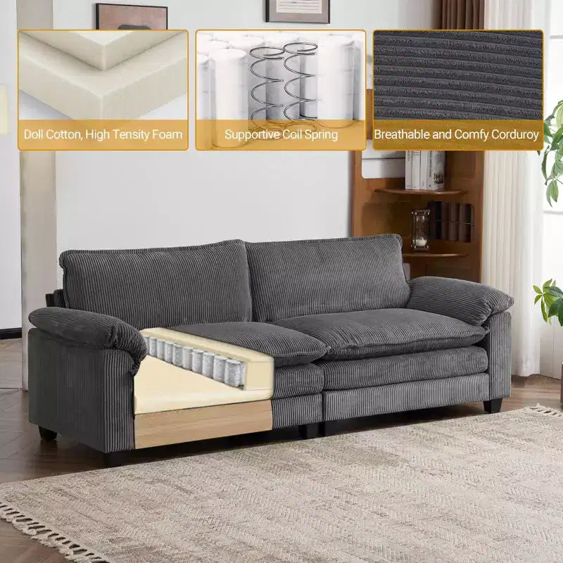 Karl Home | Sofá modular seccional de pana blanquecina de 90 pulgadas de ancho