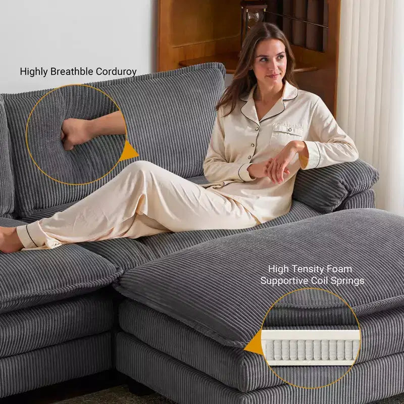 Karl Home | Sofá modular seccional de pana blanquecina de 90 pulgadas de ancho