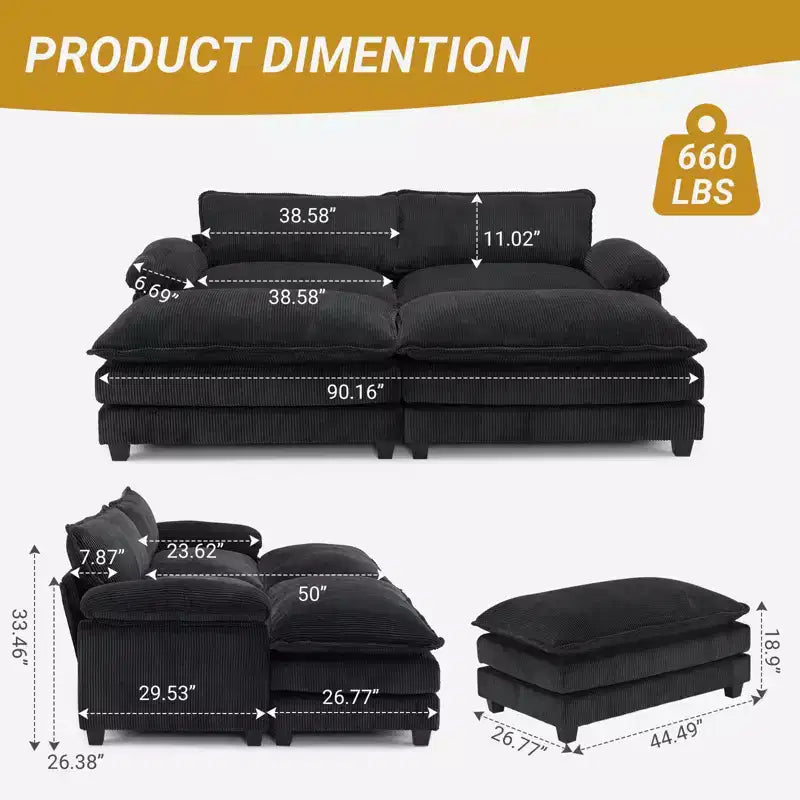 Karl Home | Sofá modular seccional de pana blanquecina de 90 pulgadas de ancho