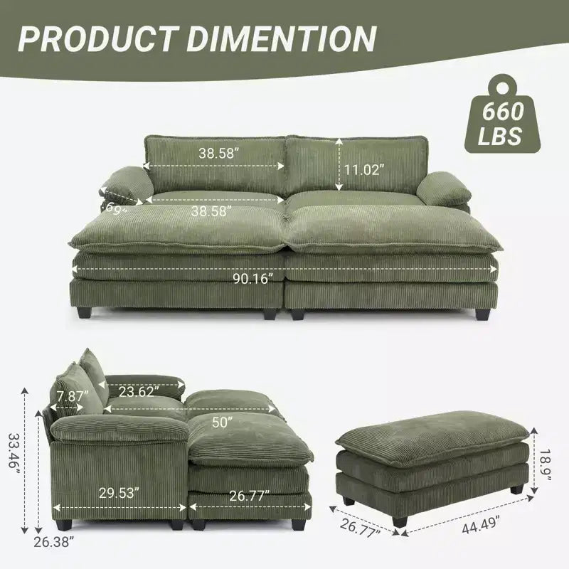 Karl Home | Sofá modular seccional de pana blanquecina de 90 pulgadas de ancho