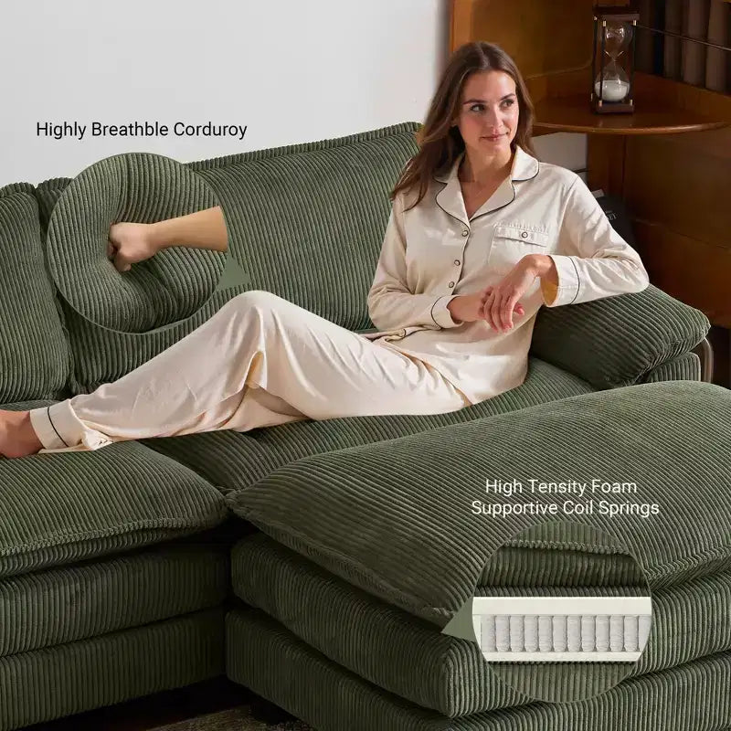 Karl Home | Sofá modular seccional de pana blanquecina de 90 pulgadas de ancho