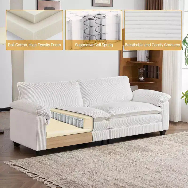 Karl Home | Sofá modular seccional de pana blanquecina de 90 pulgadas de ancho
