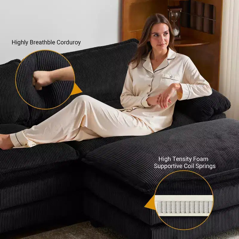 Karl Home | Sofá modular seccional de pana blanquecina de 90 pulgadas de ancho