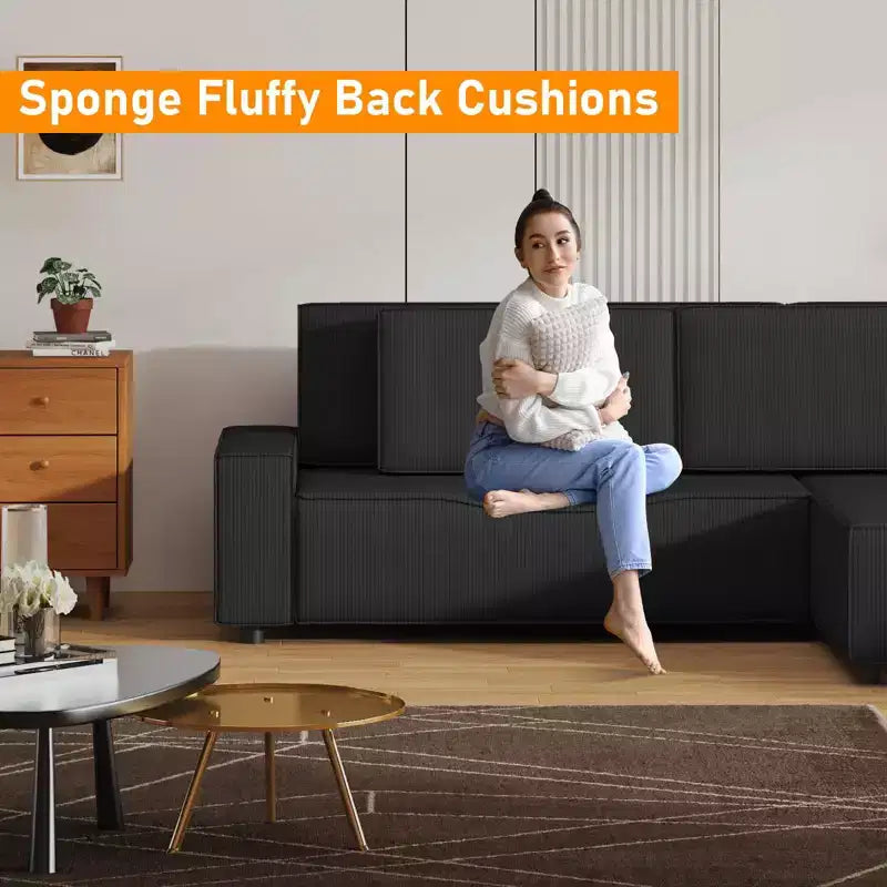 Sofá grande de pana a rayas de 96 pulgadas, sofá seccional moderno de gran tamaño en forma de L con asiento profundo, sofá modular cómodo para sala de estar, apartamento, estudio
