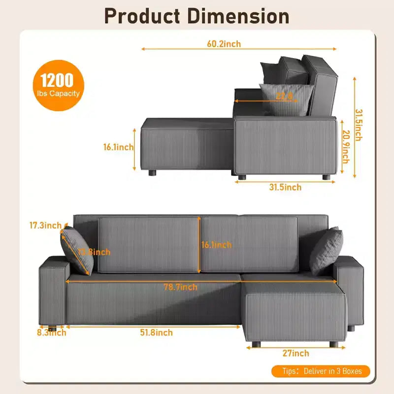 Sofá grande de pana a rayas de 96 pulgadas, sofá seccional moderno de gran tamaño en forma de L con asiento profundo, sofá modular cómodo para sala de estar, apartamento, estudio