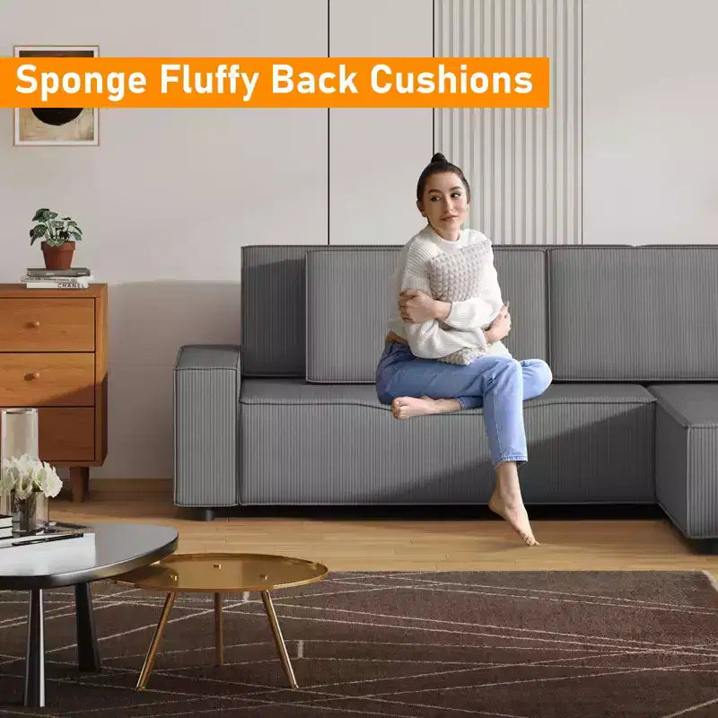 Sofá grande de pana a rayas de 96 pulgadas, sofá seccional moderno de gran tamaño en forma de L con asiento profundo, sofá modular cómodo para sala de estar, apartamento, estudio
