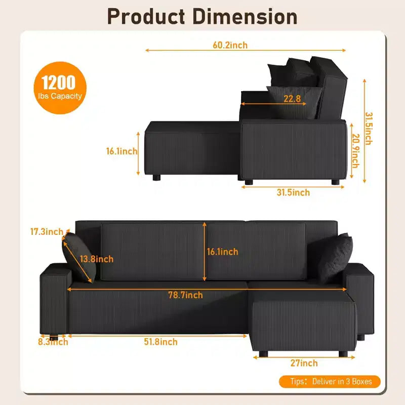 Sofá grande de pana a rayas de 96 pulgadas, sofá seccional moderno de gran tamaño en forma de L con asiento profundo, sofá modular cómodo para sala de estar, apartamento, estudio