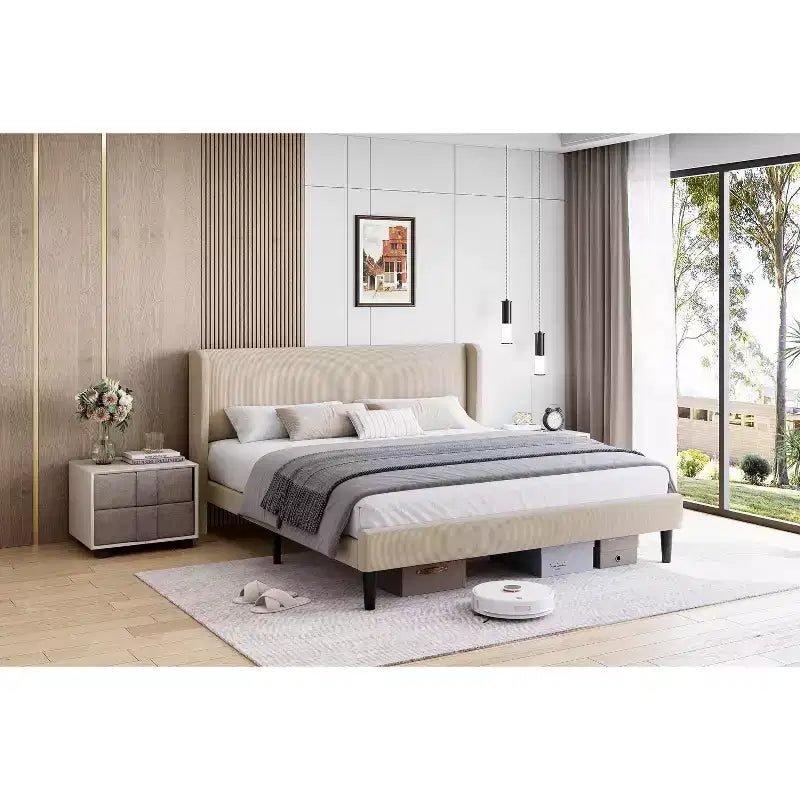King Bed Frame,Platform Bed with Wingback Headboard,Upholstered Bed Frame with 2 Storage Pockets, Strong Wooden Slat Support, Easy Assembly