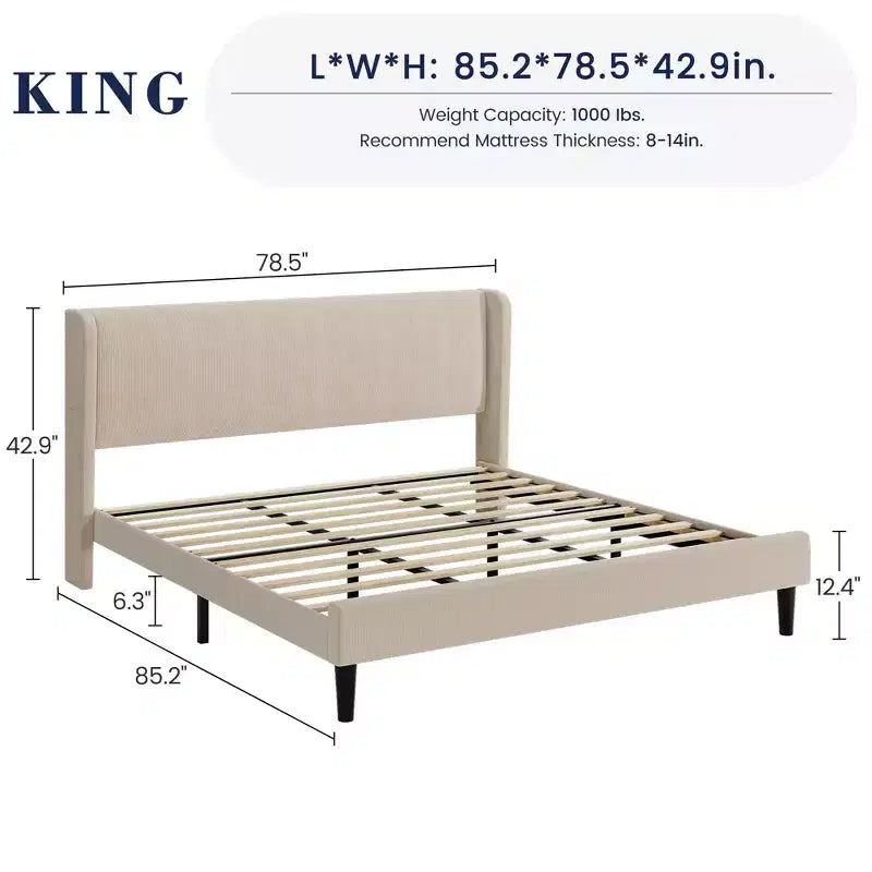 Base de cama King, Cama de plataforma con cabecero Wingback, Base de cama tapizada con 2 bolsillos de almacenamiento, Fuerte soporte de listones de madera, Fácil montaje