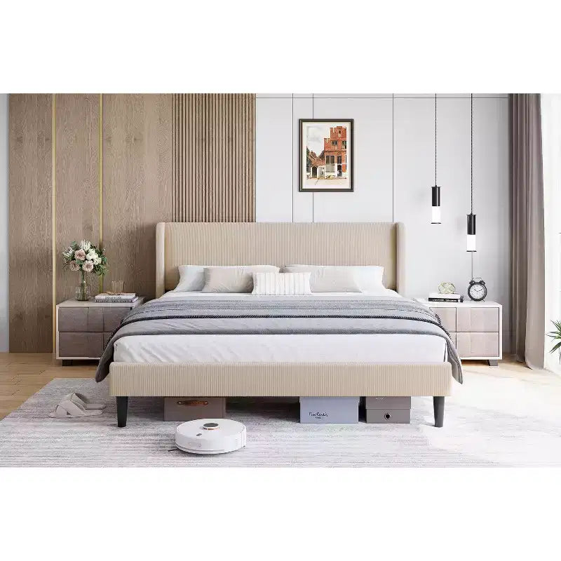 Base de cama King, Cama de plataforma con cabecero Wingback, Base de cama tapizada con 2 bolsillos de almacenamiento, Fuerte soporte de listones de madera, Fácil montaje