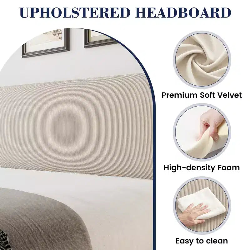 Base de cama King, Cama de plataforma con cabecero Wingback, Base de cama tapizada con 2 bolsillos de almacenamiento, Fuerte soporte de listones de madera, Fácil montaje
