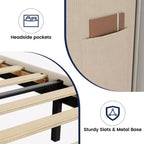 Base de cama King, Cama de plataforma con cabecero Wingback, Base de cama tapizada con 2 bolsillos de almacenamiento, Fuerte soporte de listones de madera, Fácil montaje