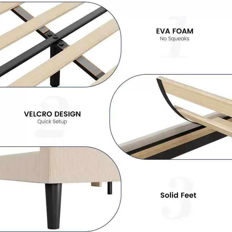 Base de cama King, Cama de plataforma con cabecero Wingback, Base de cama tapizada con 2 bolsillos de almacenamiento, Fuerte soporte de listones de madera, Fácil montaje