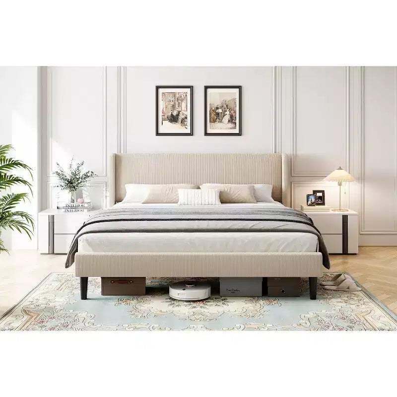 Base de cama King, Cama de plataforma con cabecero Wingback, Base de cama tapizada con 2 bolsillos de almacenamiento, Fuerte soporte de listones de madera, Fácil montaje