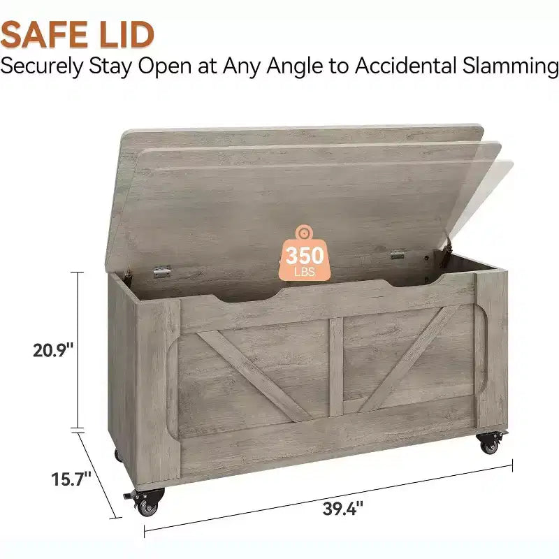 Baúl de almacenamiento Acekool con ruedas, banco de madera de 100 cm con bisagras de seguridad, soporta 159 kg, esquinas redondeadas, para entrada o sala de estar, gris