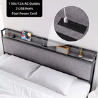 Base de Cama, Tamaño King con Cabecero de Almacenamiento - 2 Cajones, Estación de Carga, Tapizado, Espacio Libre de 10.24'' Debajo de la Cama, Sin Ruido