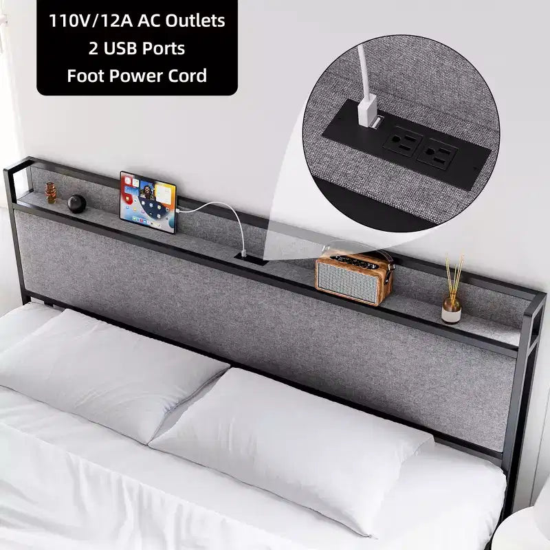 Base de Cama, Tamaño King con Cabecero de Almacenamiento - 2 Cajones, Estación de Carga, Tapizado, Espacio Libre de 10.24'' Debajo de la Cama, Sin Ruido
