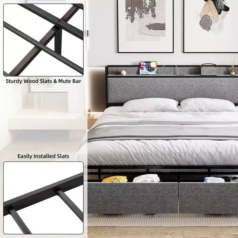 Base de Cama, Tamaño King con Cabecero de Almacenamiento - 2 Cajones, Estación de Carga, Tapizado, Espacio Libre de 10.24'' Debajo de la Cama, Sin Ruido