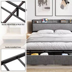 Base de Cama, Tamaño King con Cabecero de Almacenamiento - 2 Cajones, Estación de Carga, Tapizado, Espacio Libre de 10.24'' Debajo de la Cama, Sin Ruido