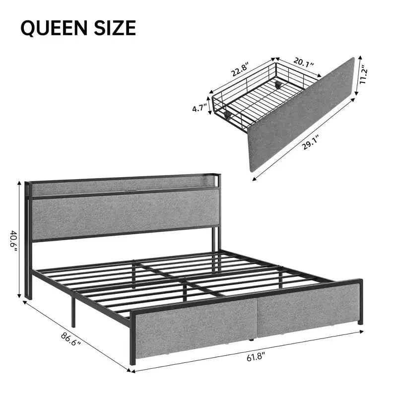 Base de Cama, Tamaño King con Cabecero de Almacenamiento - 2 Cajones, Estación de Carga, Tapizado, Espacio Libre de 10.24'' Debajo de la Cama, Sin Ruido