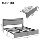 Base de Cama, Tamaño King con Cabecero de Almacenamiento - 2 Cajones, Estación de Carga, Tapizado, Espacio Libre de 10.24'' Debajo de la Cama, Sin Ruido
