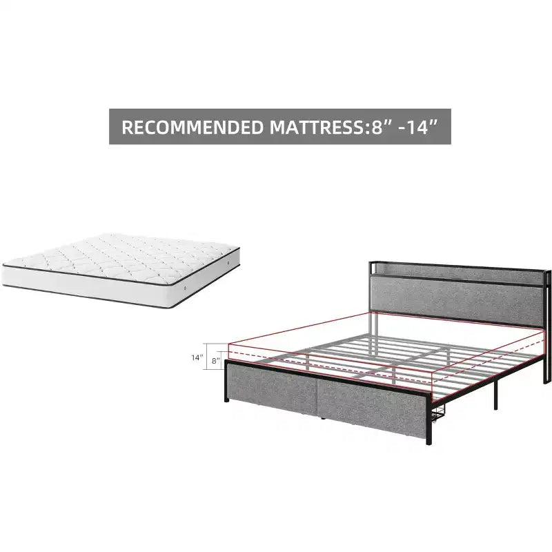 Base de Cama, Tamaño King con Cabecero de Almacenamiento - 2 Cajones, Estación de Carga, Tapizado, Espacio Libre de 10.24'' Debajo de la Cama, Sin Ruido