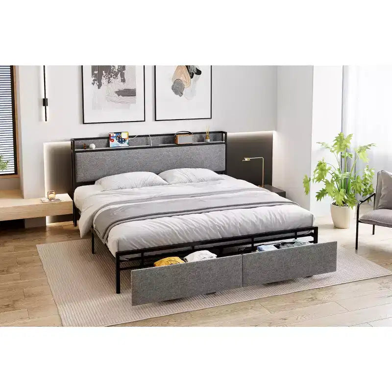 Base de Cama, Tamaño King con Cabecero de Almacenamiento - 2 Cajones, Estación de Carga, Tapizado, Espacio Libre de 10.24'' Debajo de la Cama, Sin Ruido