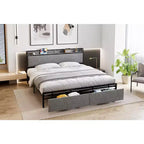 Base de Cama, Tamaño King con Cabecero de Almacenamiento - 2 Cajones, Estación de Carga, Tapizado, Espacio Libre de 10.24'' Debajo de la Cama, Sin Ruido